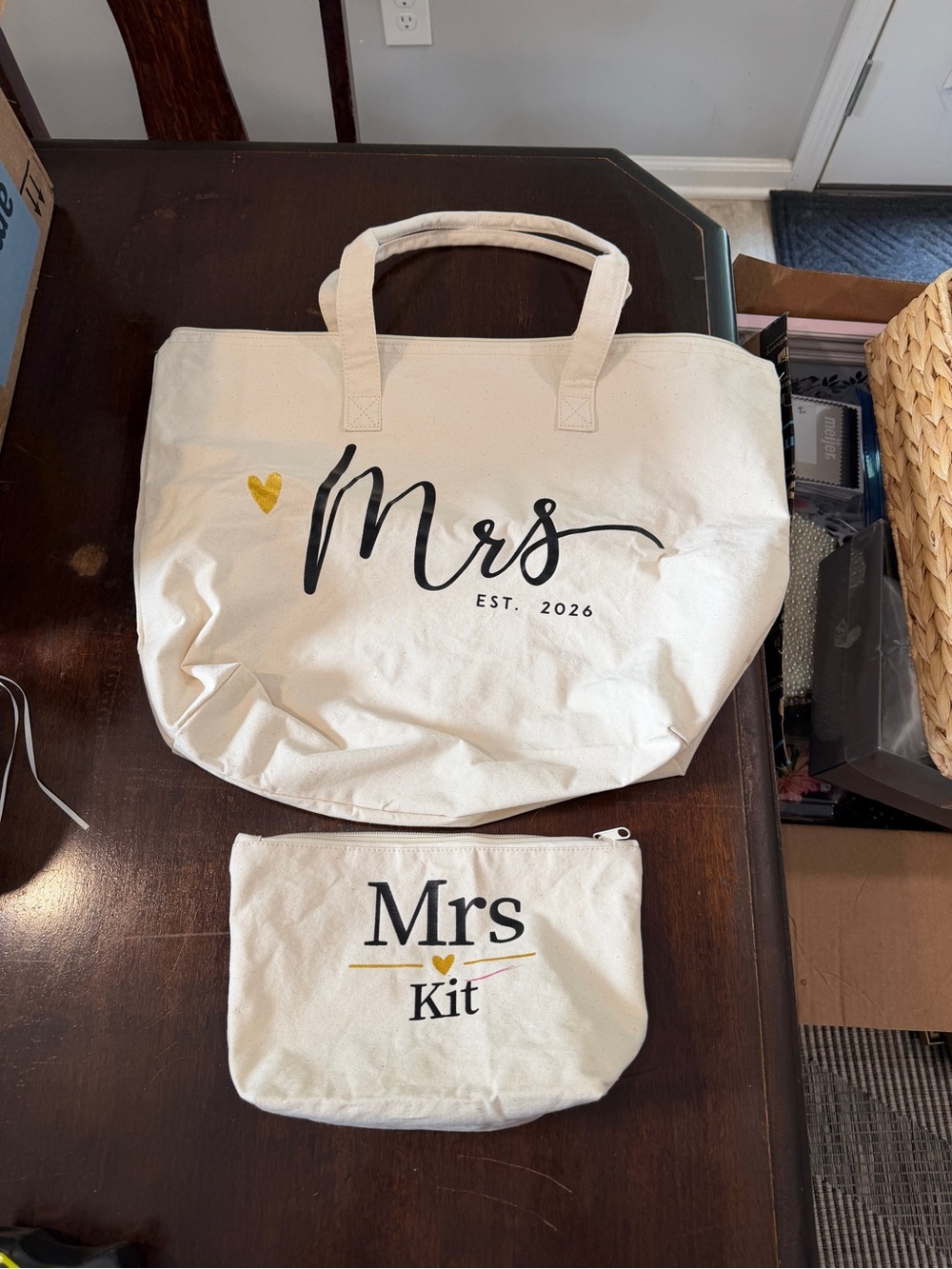 Mrs Tote Bag and Mrs Kit Pouch - Cream with Black & Gold Accents